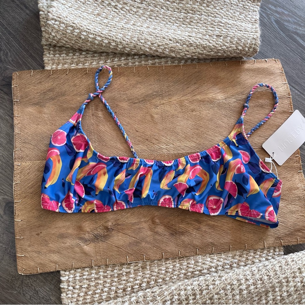 NWT Musera Bikini Swim Top Banana Grapefruit Print Bralette Sz L Blue
